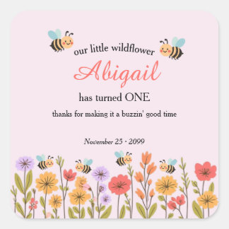 Adesivo Quadrado Our Little Wildflower Floral Bee 1st Birthday