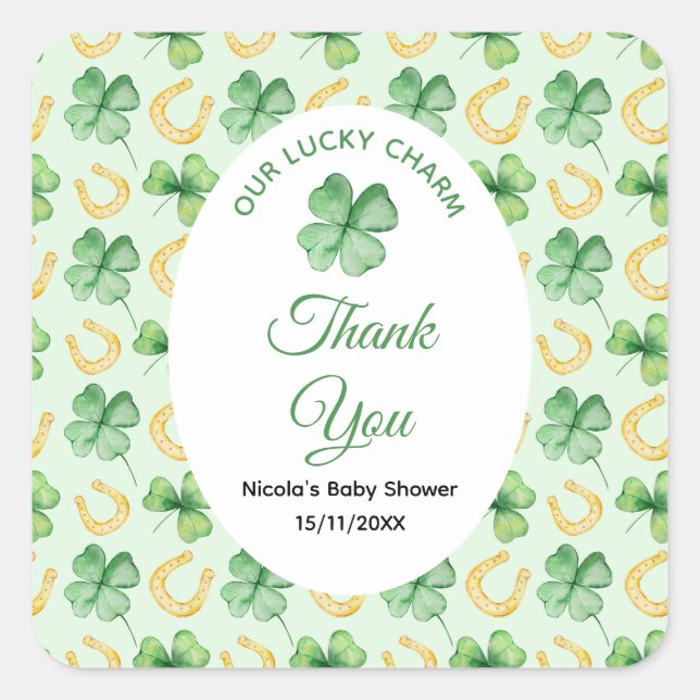 Adesivo Quadrado Our Lucky Charm St Patrick's Baby Shower (Frente)