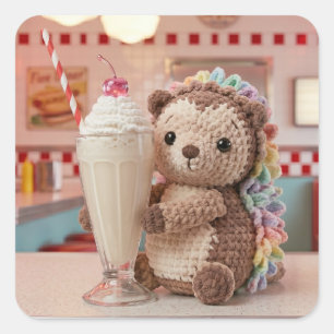 Adesivo Quadrado ouriço feito à croché e milkshake no Diner Retro