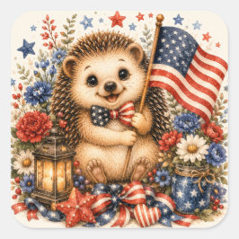 Adesivo Quadrado Ouriço Patriótico com Aquarela da Bandeira America