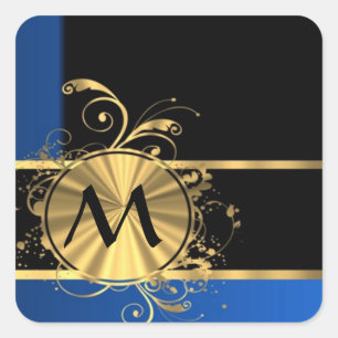 Adesivo Quadrado Ouro azul e monograma preto