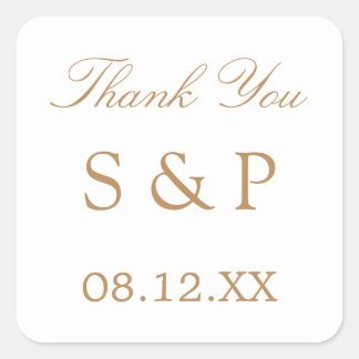 Adesivo Quadrado Ouro Branco Beige Wedding Favor Obrigado