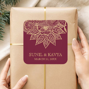 Adesivo Quadrado Ouro Burgundy Mehendi Henna Favor de Casamento Ind