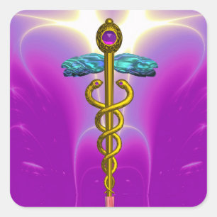 Adesivo Quadrado OURO CADUCEUS,Símbolo Médico Fúcsia Rosa