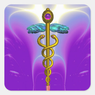 Adesivo Quadrado OURO CADUCEUS Símbolo Médico Roxo Vibrante