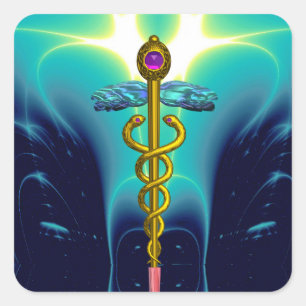 Adesivo Quadrado OURO CADUCEUS Símbolo médico Vibrante Azul Teal