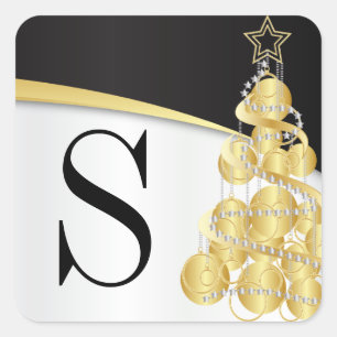 Adesivo Quadrado Ouro de Monograma Preto Feliz Natal