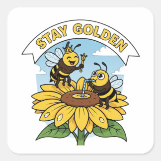 Adesivo Quadrado Ouro de permanência - Ilustração de abelha e flor