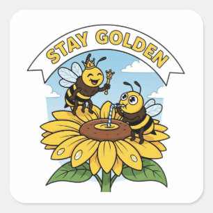 Adesivo Quadrado Ouro de permanência - Ilustração de abelha e flor