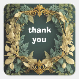 Adesivo Quadrado ouro e folhas verdes quadro obrigado você