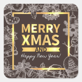 Adesivo Quadrado Ouro e giz Feliz Feliz ano novo de Natal