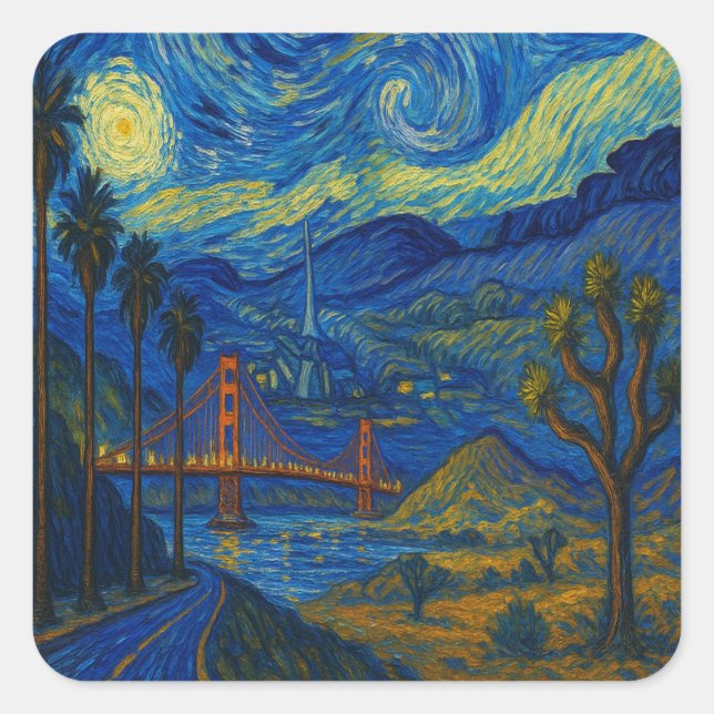 Adesivo Quadrado Ouro Gate Bridge Starry Night Sticker (Frente)