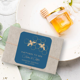 Adesivo Quadrado Ouro Indigo & Honeycomb Chá de casamento de Abelha