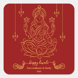 Adesivo Quadrado Ouro Line Art of Goddese Lakshmi on Lotus