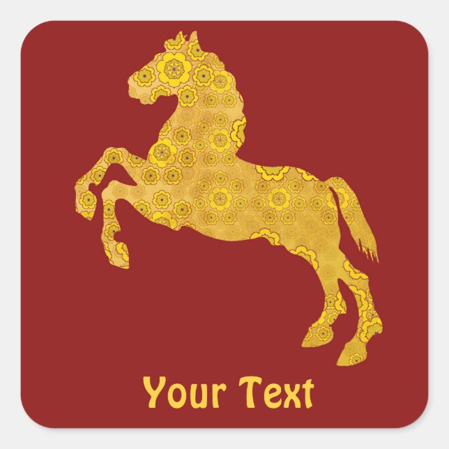 Adesivo Quadrado Ouro Lotus Petal Pattere Horse Em Vermelho Escuro (Frente)