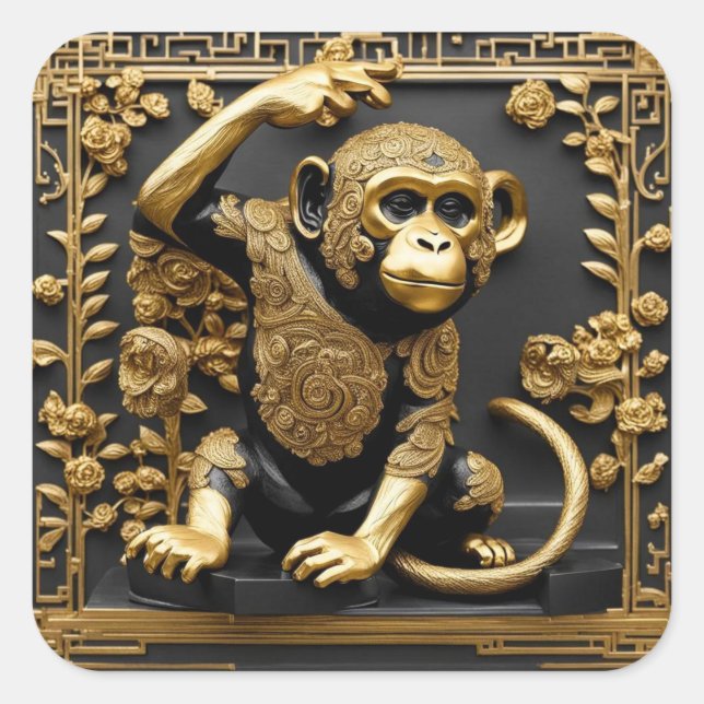 Adesivo Quadrado Ouro macaco e quadro ornamental negro (Frente)
