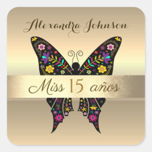 Adesivo Quadrado Ouro Preto Floral Borboleta Miss 15 Anos Mexicana