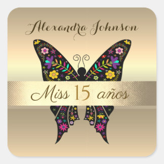Adesivo Quadrado Ouro Preto Floral Borboleta Miss 15 Anos Mexicana