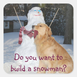 Adesivo Quadrado Ouro Retriever constrói um boneco de neve