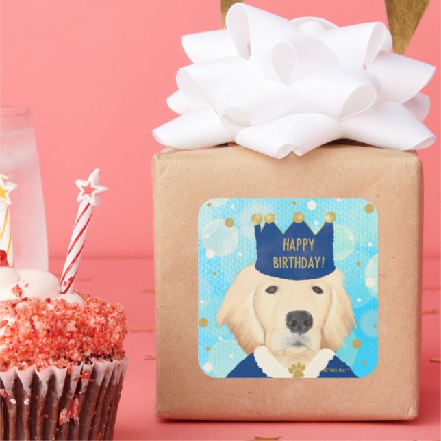 Adesivo Quadrado Ouro Retriever Prince Birthday Sticker (Festa)