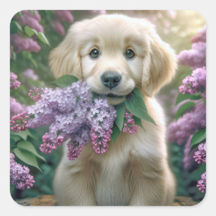 Adesivo Quadrado Ouro Retriever Puppy Com Lilacs