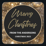 Adesivo Quadrado Ouro Sparkle Natal<br><div class="desc">Um adesivo de ouro de vidro,  de natal,  com salto e bolhas brilhantes. Adicione seu nome ou nome de família na seção "De" e inclua o ano.</div>