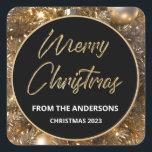 Adesivo Quadrado Ouro Sparkle Natal<br><div class="desc">Um adesivo de ouro de vidro,  de natal,  com salto e bolhas brilhantes. Adicione seu nome ou nome de família na seção "De" e inclua o ano.</div>