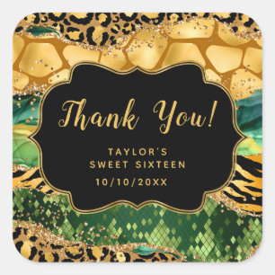 Adesivo Quadrado Ouro Verde Safari Ágata Sweet Sixteen Obrigada