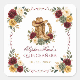 Adesivo Quadrado Ouro Vermelho Cavalo Ocidental Floral Charra Quinc