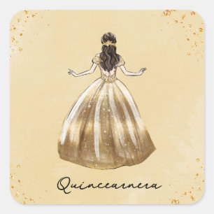 Adesivo Quadrado Ouro Vestido com Glitter Quinceanera Aniversário