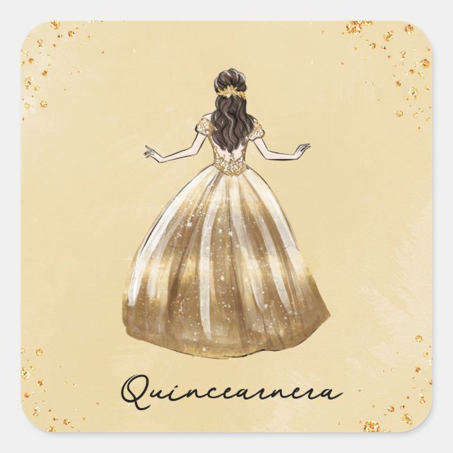 Adesivo Quadrado Ouro Vestido com Glitter Quinceanera Aniversário (Frente)