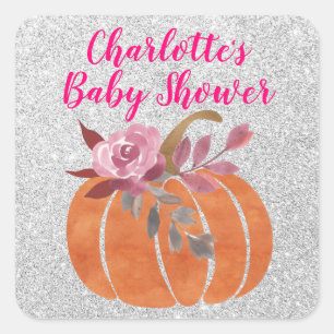 Adesivo Quadrado Outono Floral Abóbora Baby Shower Rosa Prata