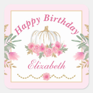 Adesivo Quadrado Outono Rosa Abóbora Dourado Feliz Aniversário