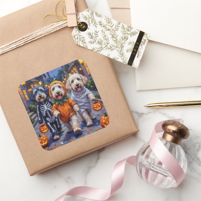 Adesivo Quadrado Ovino Inglês Antigo Trick ou Tratando Halloween (Presentear)