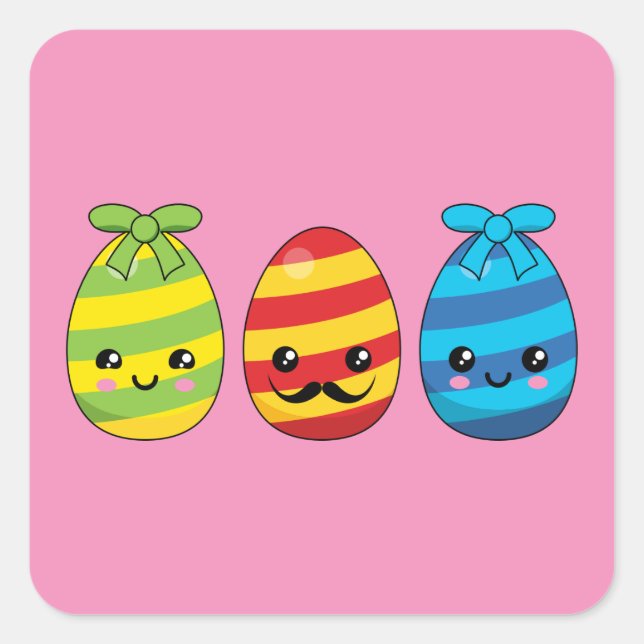 Adesivo Quadrado Ovos de Páscoa de Kawaii com fitas (Frente)