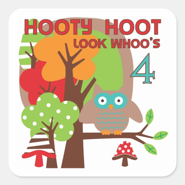 Adesivo Quadrado Owl 4th Birthday T shirts e presentes (Frente)