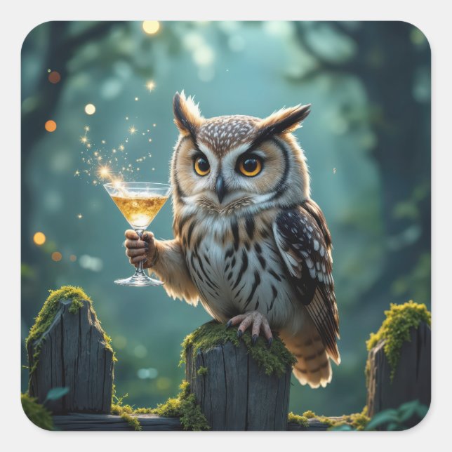 Adesivo Quadrado Owl Holding a Cocktail In a Mystical Forest (Frente)