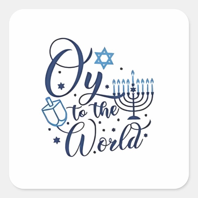 Adesivo Quadrado Oy to the World Hanukkah Jewish Engraçado (Frente)