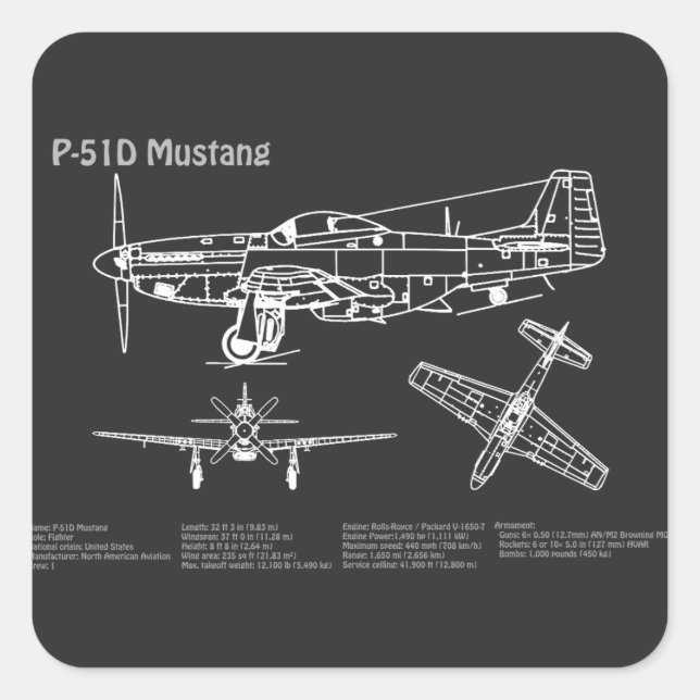 Adesivo Quadrado P-51D Mustang - Avião Blueprint PD (Frente)