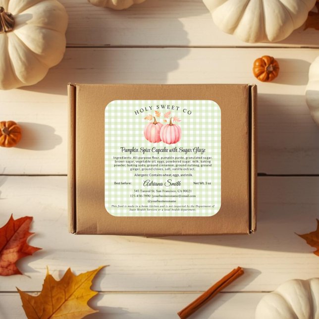 Adesivo Quadrado Padaria de Gingham de Abóbora Rosa Comida Caseira (Pink Pumpkin and green gingham Cottage Law Bakery Sticker)