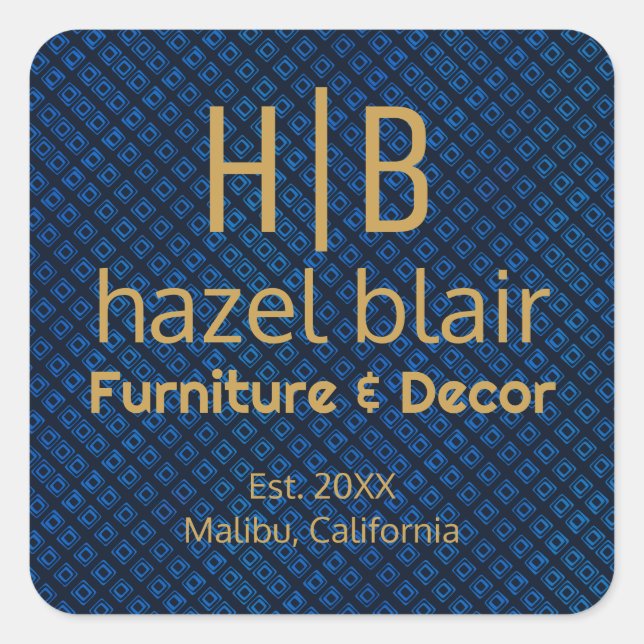 Adesivo Quadrado Padrão Azul Elegante | Logotipo Comercial Monogram (Frente)