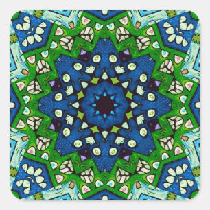 Adesivo Quadrado Padrão Azul Verde-Mosaico Mandala Retro