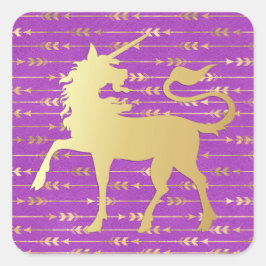 Adesivo Quadrado Padrão Boêmio Dourado e Roxo & Unicórnio