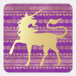 Adesivo Quadrado Padrão Boêmio Dourado e Roxo & Unicórnio