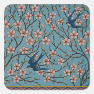 Adesivo Quadrado Padrão de Andorinha Floral Azul Retro por Walter C