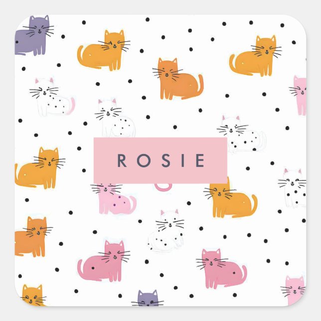 Adesivo Quadrado Padrão de Cat Playful Personalizado com Bolinhas (Frente)