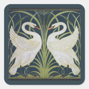 Adesivo Quadrado Padrão de Cisnes Art Nouveau: Impressão de Cisne d