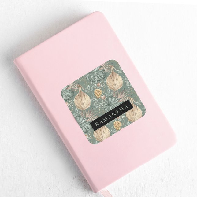 Adesivo Quadrado Padrão de Cores Aquáticas Tropicais Douradas e Fol (Criador carregado)