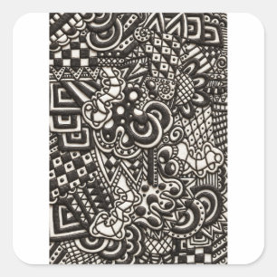 Adesivo Quadrado Padrão de desenho rabiscado preto e branco   Monoc