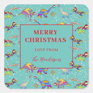 Adesivo Quadrado Padrão de Dinossauro de Natal adicionar Nome da Fa